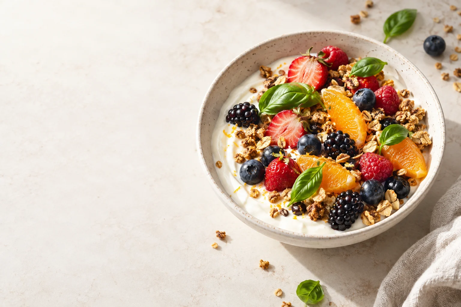 Bowl of yogurt, fruit and granola photographed in natural light